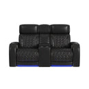 Prime Time P3 Loveseat with LED, wireless charger pocket, and Console in Jett Black with Red Stitching