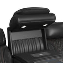 Prime Time P3 Sofa with I Table, reading light, heat, massage, LED, and speaker in Jett Black with Red Stitching