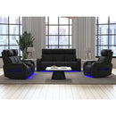 Prime Time P3 Sofa with I Table, reading light, heat, massage, LED, and speaker in Jett Black with Red Stitching