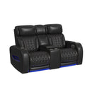 Prime Time P3 Loveseat with LED, wireless charger pocket, and Console in Jett Black with Red Stitching