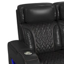 Prime Time P3 Sofa with I Table, reading light, heat, massage, LED, and speaker in Jett Black with Red Stitching
