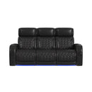 Prime Time P3 Sofa with I Table, reading light, heat, massage, LED, and speaker in Jett Black with Red Stitching