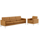 Loft Tufted Upholstered Faux Leather Sofa and Armchair Set