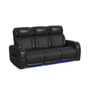 Prime Time P3 Sofa with I Table, reading light, heat, massage, LED, and speaker in Jett Black with Red Stitching