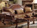 Dresden Brown PU & Chenille, Cherry Oak Sofa w/3 Pillows - Michael's Discount Furniture