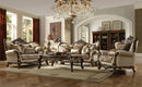 Latisha Tan, Pattern Fabric & Antique Oak Sofa w/6 Pillows - Michael's Discount Furniture