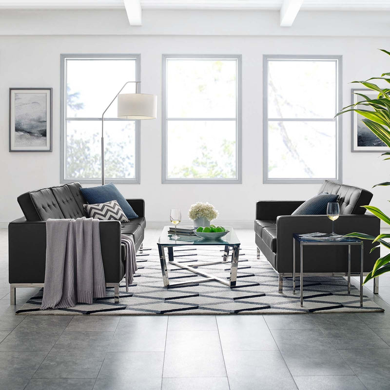 Loft Tufted Upholstered Faux Leather Sofa and Loveseat Set