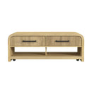 Ridgemont Coffee Table with Casters/Push Through Drawer in Natural - Michael's Discount Furniture