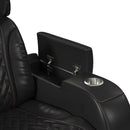 Prime Time P3 Sofa with I Table, reading light, heat, massage, LED, and speaker in Jett Black with Red Stitching