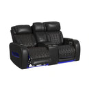 Prime Time P3 Loveseat with LED, wireless charger pocket, and Console in Jett Black with Red Stitching