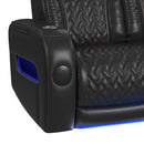 Prime Time P3 Sofa with I Table, reading light, heat, massage, LED, and speaker in Jett Black with Red Stitching