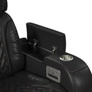 Prime Time P3 Loveseat with LED, wireless charger pocket, and Console in Jett Black with Red Stitching