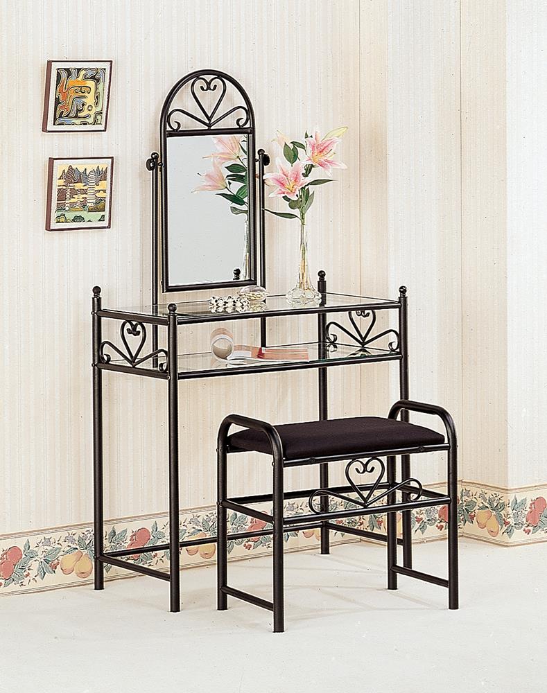 Traditional Black Vanity With Glass Top and Fabric Stool