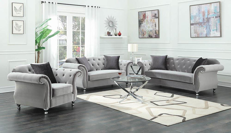 Frostine Grey Three-Piece Living Room Set