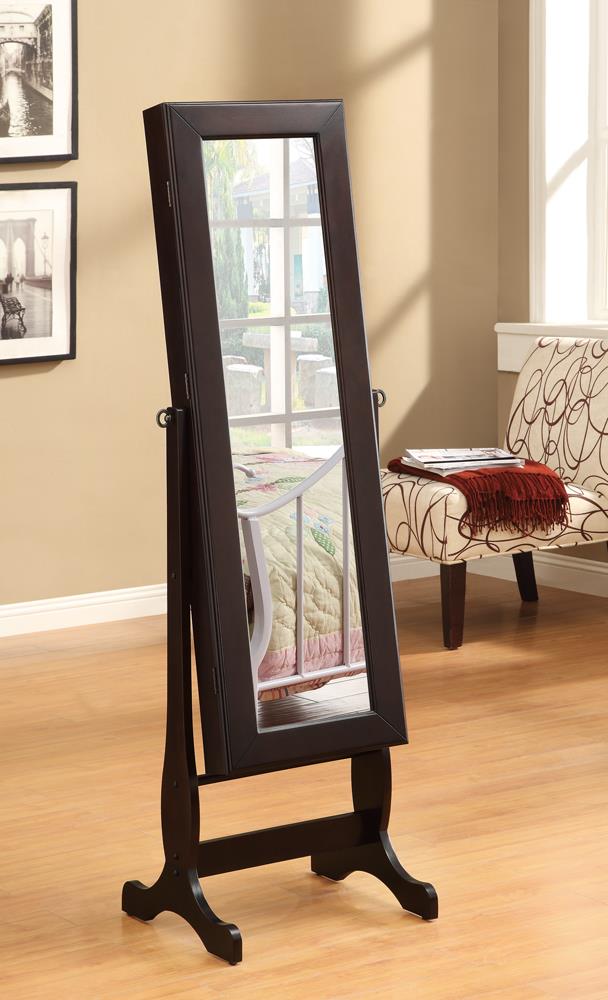 Transitional Cappuccino Cheval Mirror and Jewelry Armoire