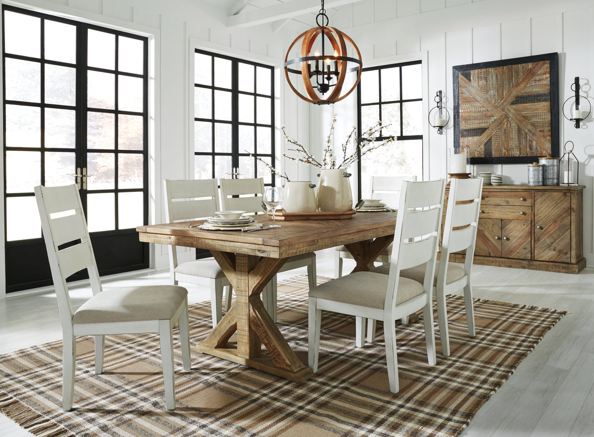 Brown dining table with white chairs hotsell