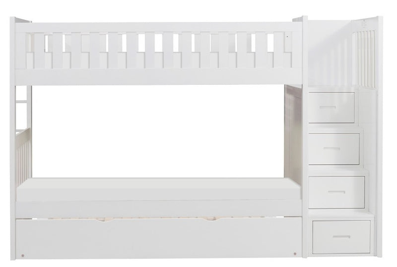 Homelegance Galen Bunk Bed w/ Reversible Step Storage and Twin Trundle in White B2053SBW-1*R